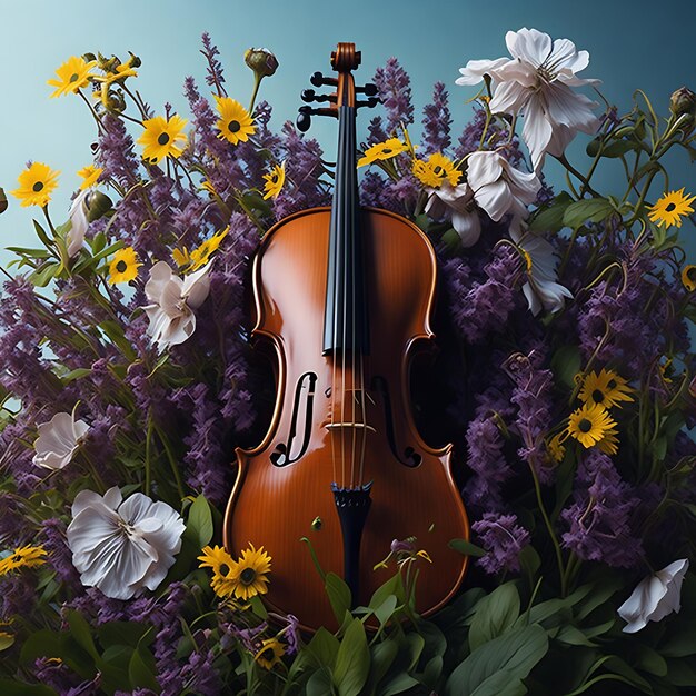 Foto un violino con la parola musica e fiori su di esso generare ai