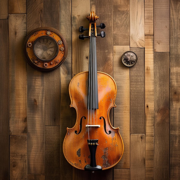 A violin on a wooden wall with a clock on it.