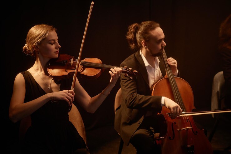 Photo violinist and cellist playing music on stage