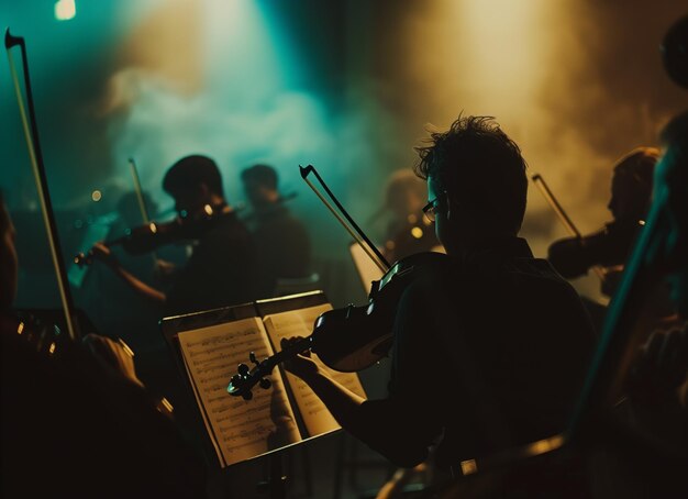Foto violinist van een orkest die diep verdiept is in muzikale optredens