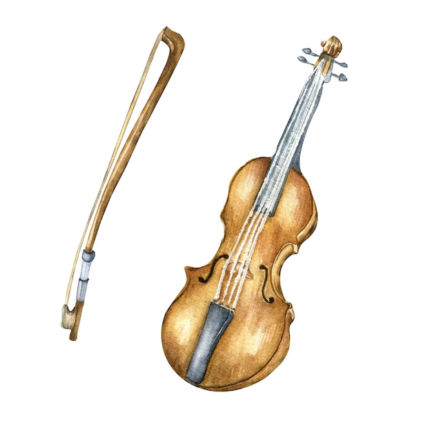 Viool met strijkstok muziekinstrument aquarel illustratie op wit