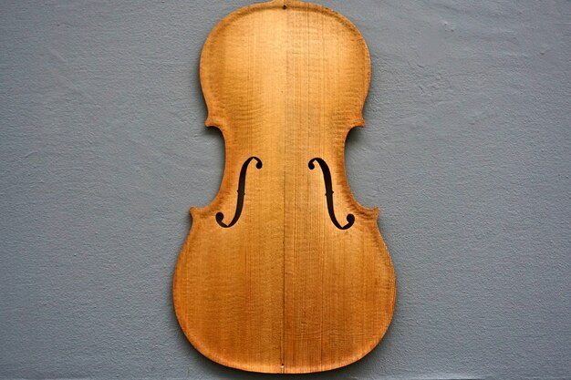 Vioolsilhouet tegen een grijze muur, een teken voor een gitaarbouwer.
