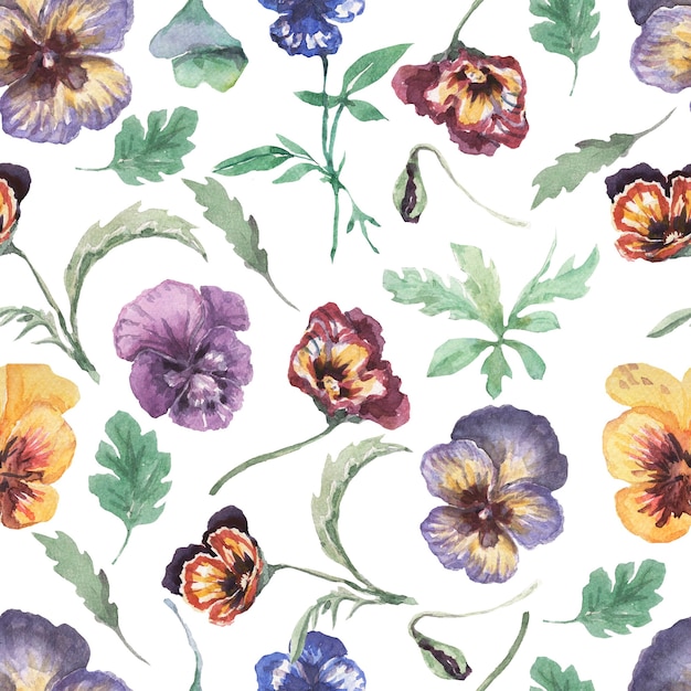 Viooltjes, bloemen, bloei, flora. naadloos patroon, print, textiel. handgetekende aquarel illustratie paars, geel, roze