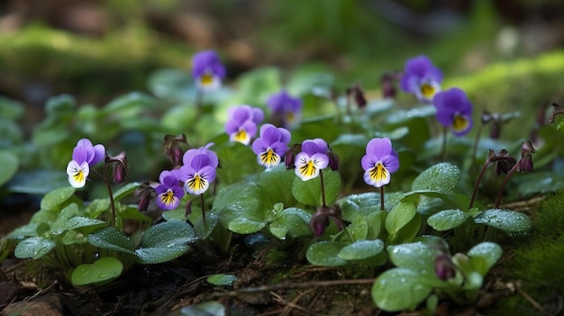 Viooltjes groeien in een vredige tuinomgeving die AI heeft gegenereerd