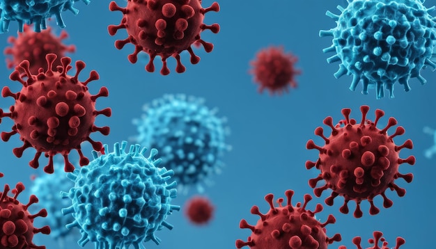 Virale deeltjes die drijven in een blauwe leegte een visuele metafoor voor de verspreiding van ziekten