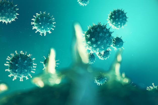 Virale hepatitis-infectie die chronische leverziekte veroorzaakt. Hepatitis virussen. Influenzavirus H1N1. Mexicaanse griep, cel infecteert organisme. Virus abstracte achtergrond. 3D illustratie.