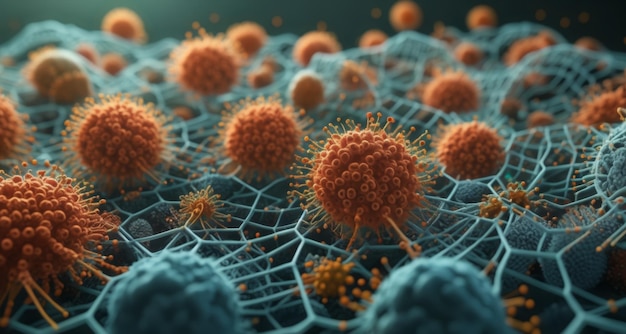 Virale infectie Een microscopische weergave van een virus dat zich verspreidt door een netwerk van cellen