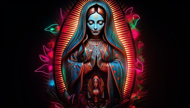 Vergine di guadalupe luci al neon sfondo scuro