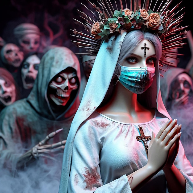 Photo virgen endemoniada con la muerte y demonios detrs