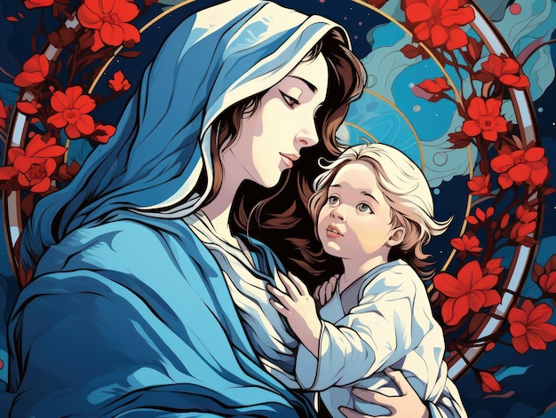 Virgin Mary holding his son Jesus of Nazareth retro manga style