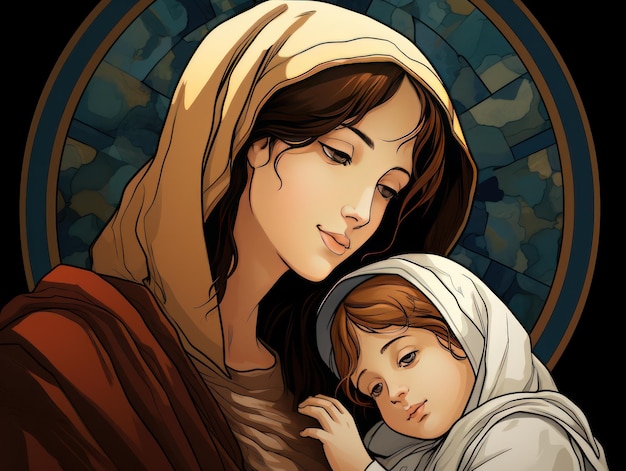 Virgin Mary holding his son Jesus of Nazareth retro manga style