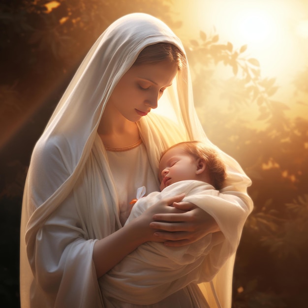 The virgin mary holding infant in sunlight