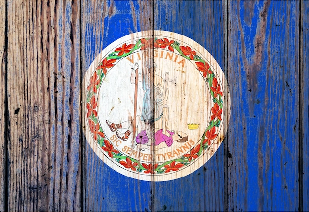 Foto virginia amerikaanse staat nationale vlag op een grijze houten planken achtergrond op de dag van onafhankelijkheid in verschillende kleuren blauw, rood en geel politieke en religieuze geschillen douane en levering