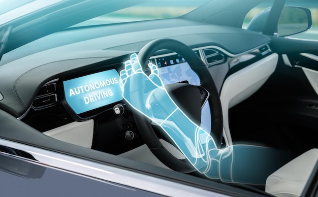 A virtual artificial intelligence arm drives a car.  Autonomous driving