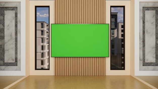 Фото Виртуальная фоновая студия с 3d-рендерингом на зеленом экране