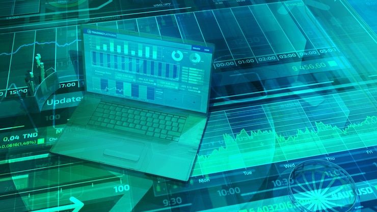 Photo virtual background with stock trading data and laptop in three-dimensional space.