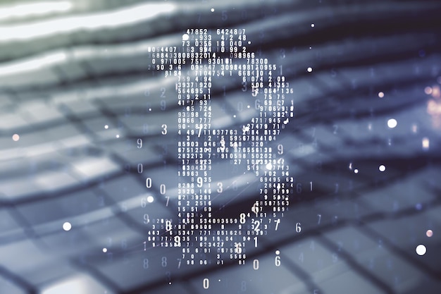 virtual bitcoin hologram on blurry abstract metal background multiexposure