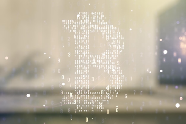 Virtual Bitcoin sketch on blurry contemporary office building background Double exposure