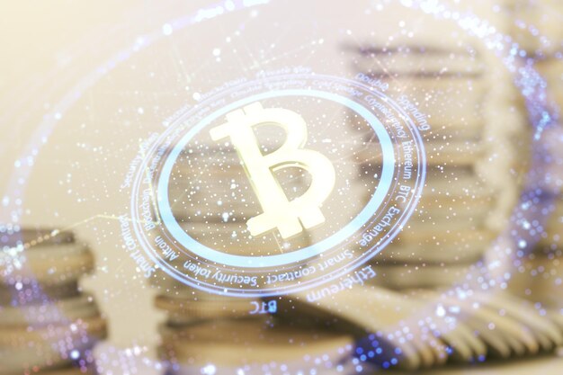 Virtual Bitcoin sketch on coins background Double exposure