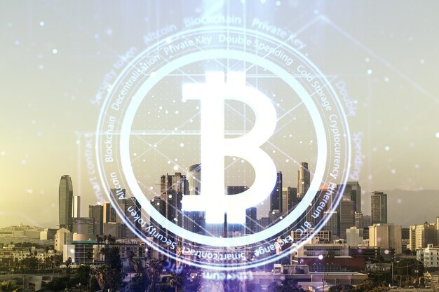 Virtual Bitcoin sketch on Los Angeles cityscape background Double exposure