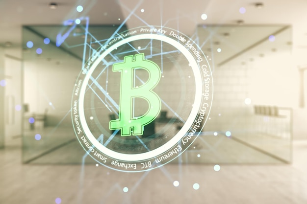 Virtual Bitcoin sketch on a modern furnished classroom background Double exposure