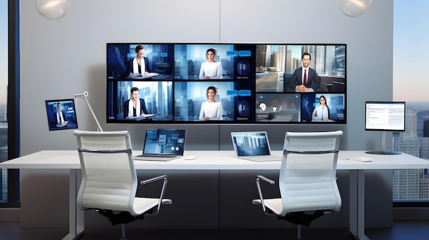 Photo virtual business meeting with multiple screens