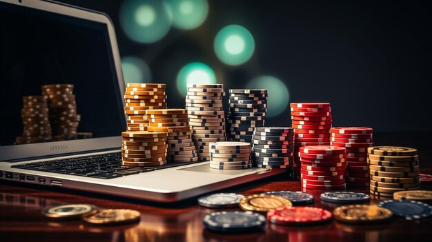 写真 仮想カジノ オンライン ギャンブル サイコロとチップを備えたラップトップ 3d 高品質写真