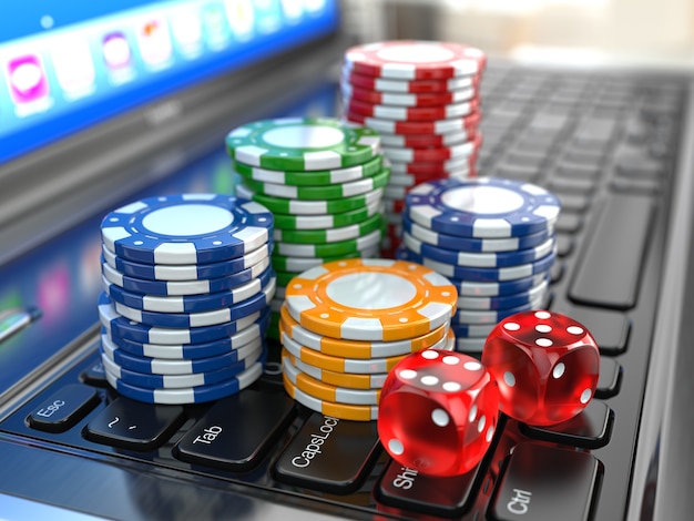 Virtual casino. Online gambling. Laptop with dice and chips. 3d