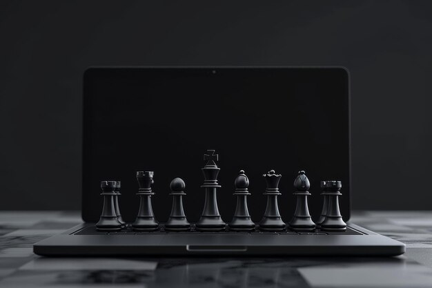 Photo virtual chess pieces on screen in the concept of online chess