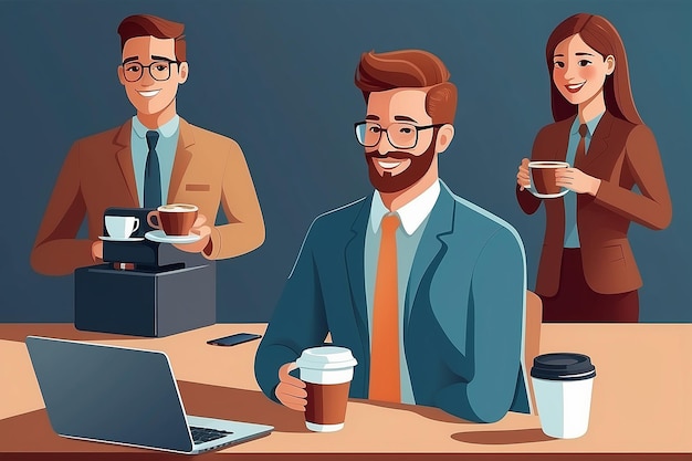 Virtual coffee chat with coworkers vector flat style interaction