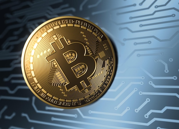 virtual coin bitcoin and blue printed circuit board 3d illustration
