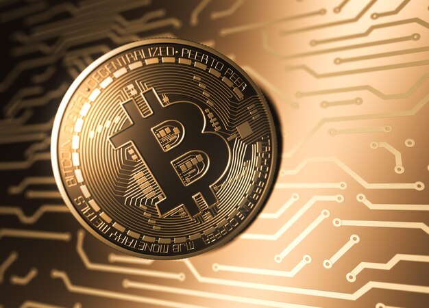 virtual coin bitcoin and printed circuit board 3d illustration