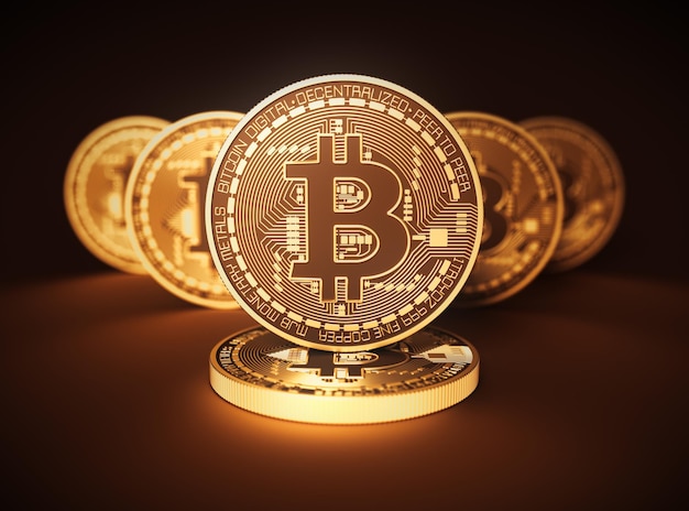 Virtual Coins Bitcoins On Brown Background