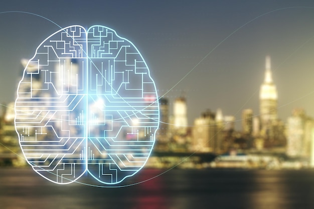 Virtual creative artificial Intelligence hologram with human brain sketch on blurry skyscrapers background Double exposure
