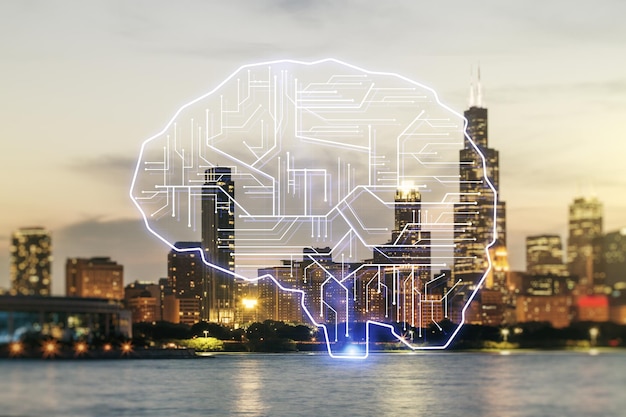 Virtual creative artificial Intelligence hologram with human brain sketch on Chicago cityscape background Double exposure