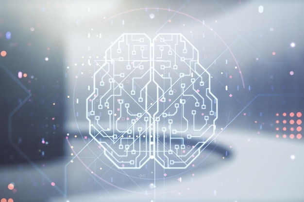 virtual creative artificial intelligence hologram with human brain sketch on empty corporate office background multiexposure