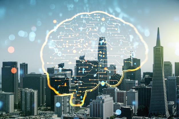 サンフランシスコの街並みの背景に人間の脳のスケッチを持つ仮想クリエイティブ人工知能ホログラム二重露光