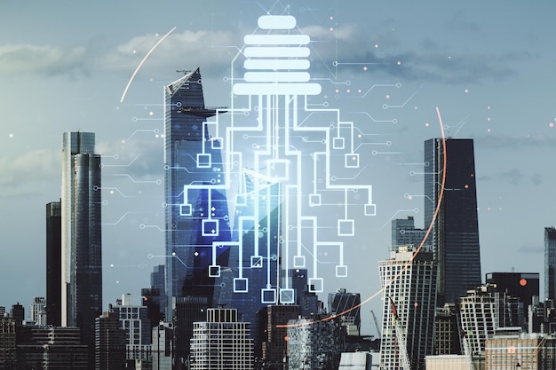 Virtual creative idea concept with light bulb and microcircuit illustration on New York city skyline background Neural networks and machine learning concept Multiexposure