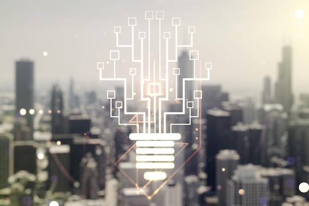 Virtual creative light bulb with chip hologram on blurry office buildings background artificial Intelligence and neural networks concept Multiexposure