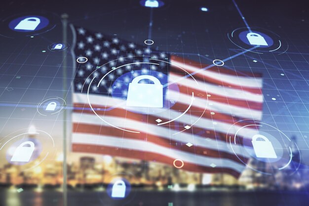 Virtual creative lock illustration with microcircuit on USA flag and blurry skyscrapers background cyber security concept Multiexposure