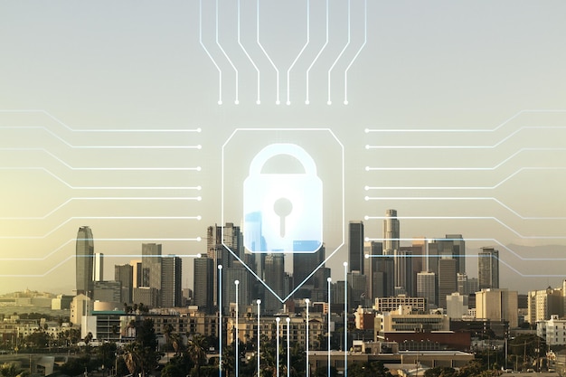 ロサンゼルスのオフィスビルの背景にチップホログラムを使用した仮想クリエイティブロックスケッチ、個人データコンセプトの多重露出の保護
