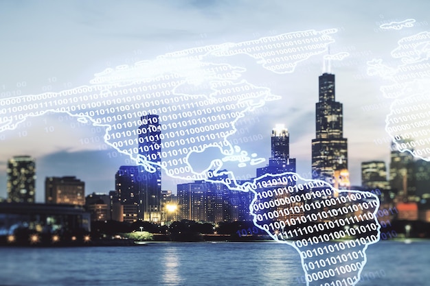 Virtual digital map of North America on Chicago skyline background international trading concept Multiexposure