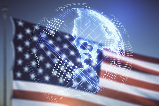 Virtual digital map of North America on USA flag and sunset sky background international trading concept Multiexposure