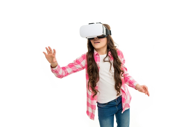 Virtual education Child wear hmd explore virtual or augmented reality Future technology Girl interact cyber reality Play cyber game and study Modern education Alternative education technologies