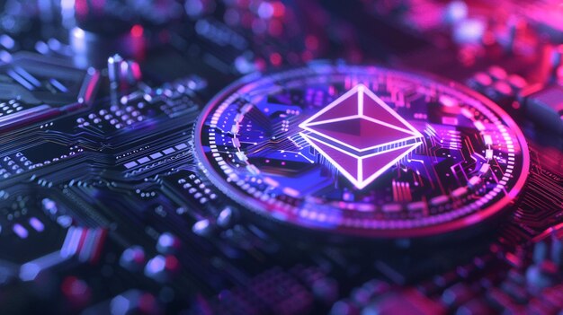 Virtual Ethereum coin icon with glowing light effects for a cryptocurrency transactions concept