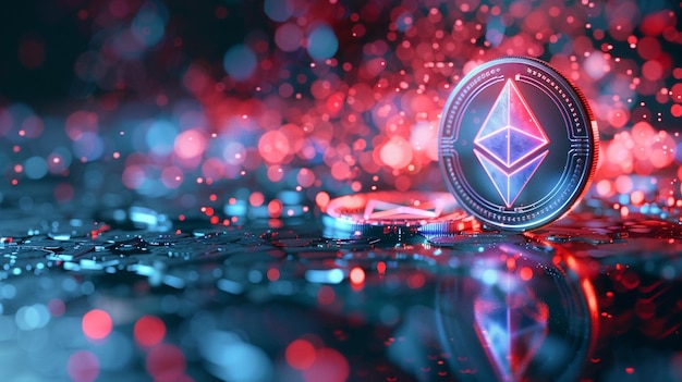 Икона виртуальной монеты Ethereum с светящимися световыми эффектами для концепции криптовалютных транзакций