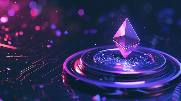 Virtual Ethereum coin icon with glowing light effects for a cryptocurrency transactions concept