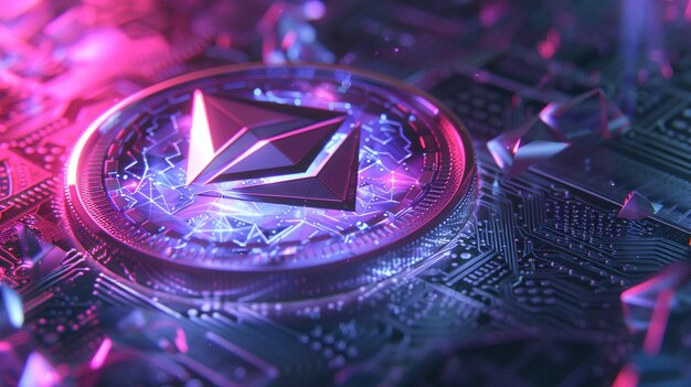 Фото Икона виртуальной монеты ethereum с светящимися световыми эффектами для концепции криптовалютных транзакций