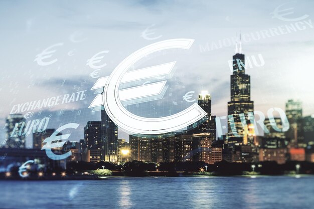 Virtual EURO symbols illustration on Chicago cityscape background forex and currency concept Multiexposure