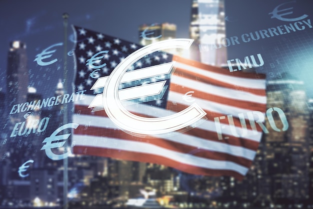 Virtual EURO symbols illustration on USA flag and blurry skyscrapers background forex and currency concept Multiexposure